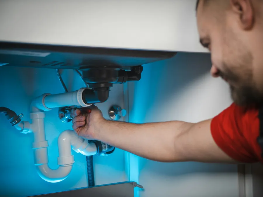 A plumber working on exposed sink pipework